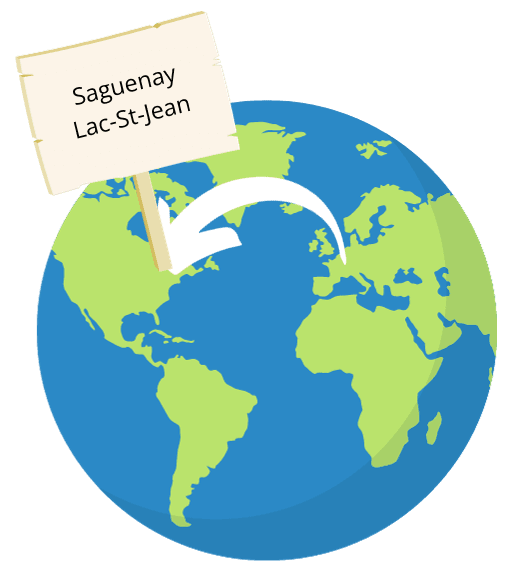 Dessin de la terre avec un panneau écrit Saguenay Lac-Saint-Jean