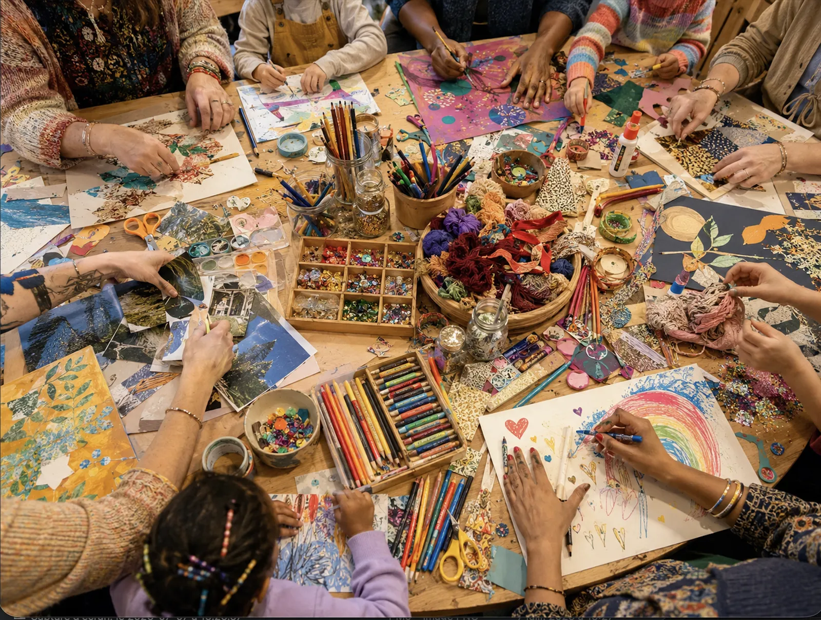 Personnes de tous âges créant ensemble autour d'une table remplie de matériel d'art